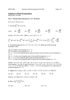 Mat1320 practice Final solutions Corrections - MAT1320 Calculus I ...