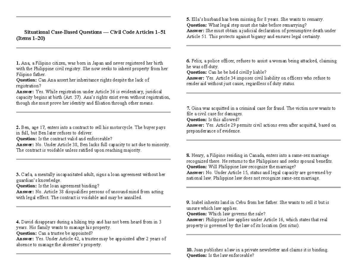 Art 1-51 Situational Cases on Civil Code Inheritance & Contracts - Studocu