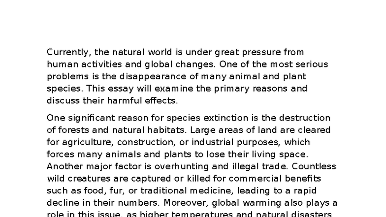 IELTS Writing Essay: Causes and Effects of Species Extinction - Studocu