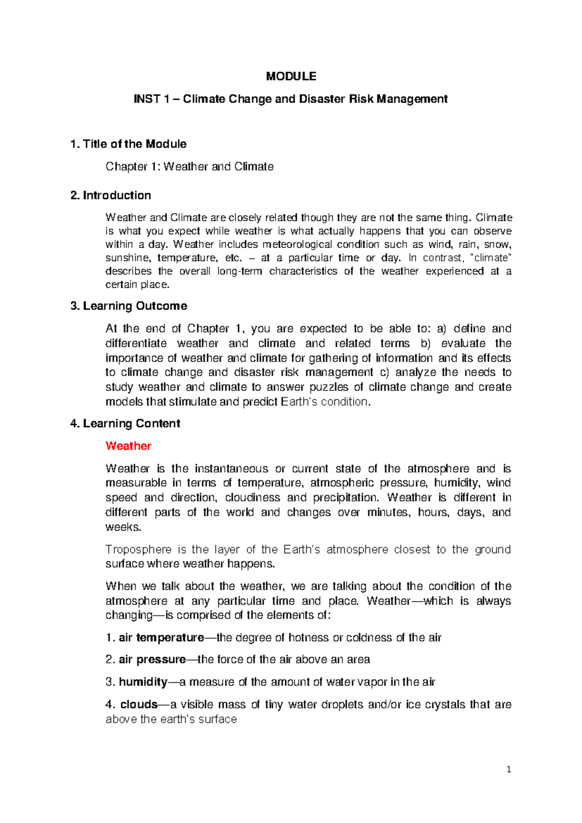 INST 1: Climate Change Module - Chapter 1: Understanding Weather and ...