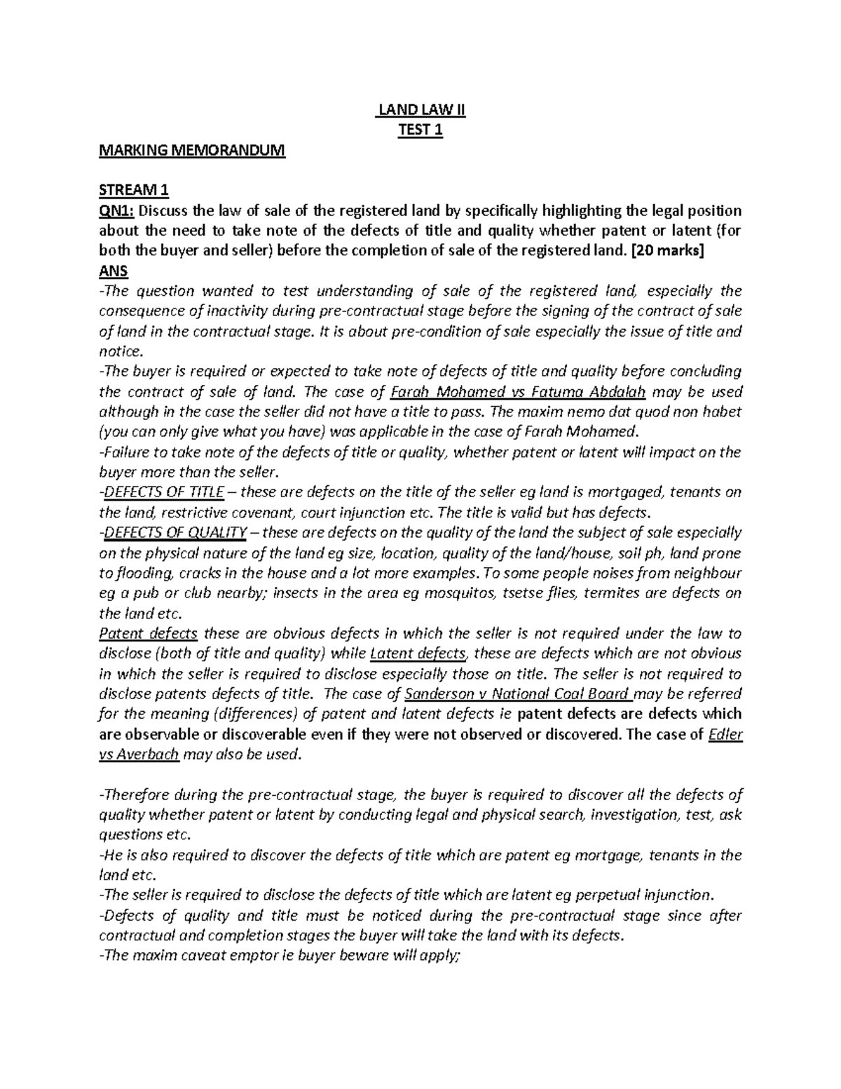 Marking Memo: LAND LAW II TEST 1 - Sale of Registered Land Analysis ...