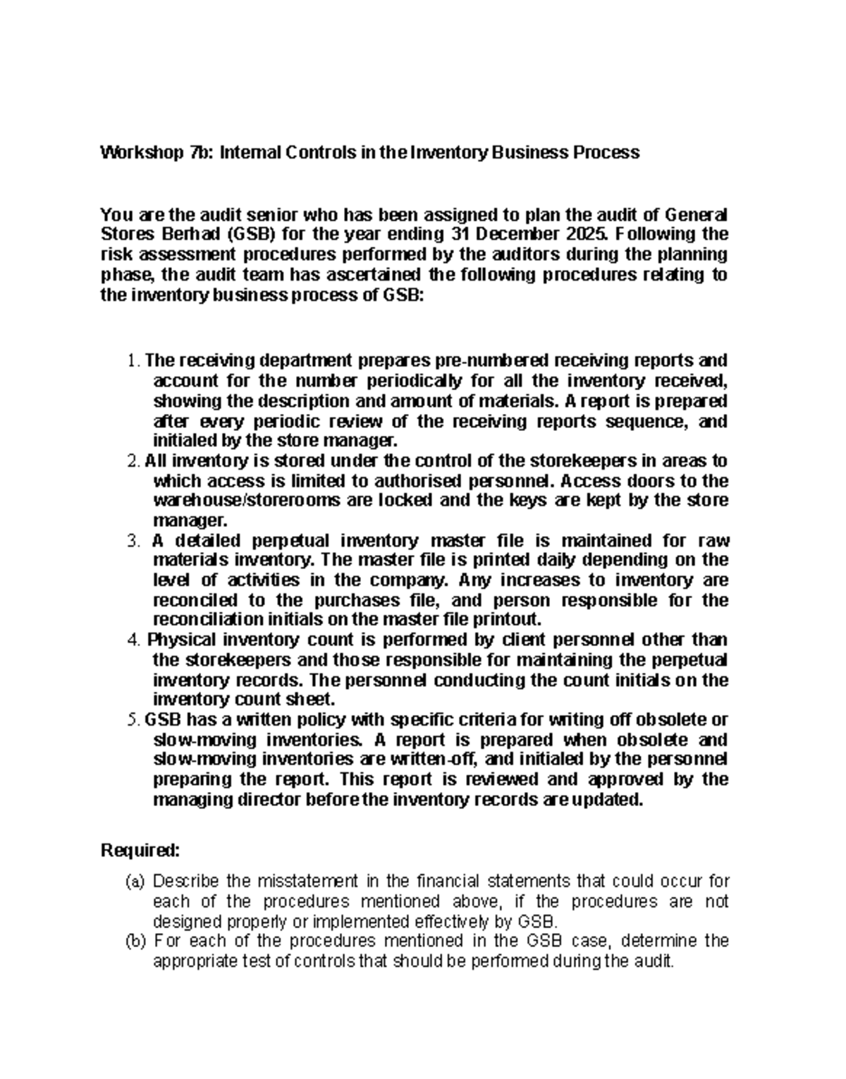 Workshop 7b: Internal Controls in Inventory Process for GSB Audit - Studocu