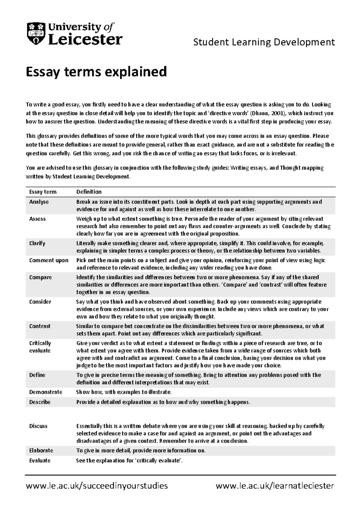 U Leicester - Glossary of Essay Terms Explained for Writing - Studocu