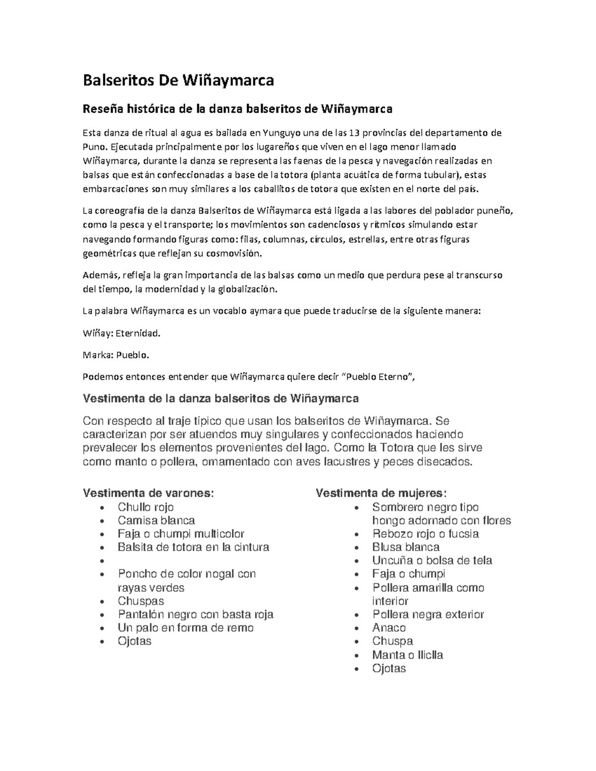 Danza Balseritos de Wiñaymarca: Historia y Vestimenta Cultural - Document Preview
