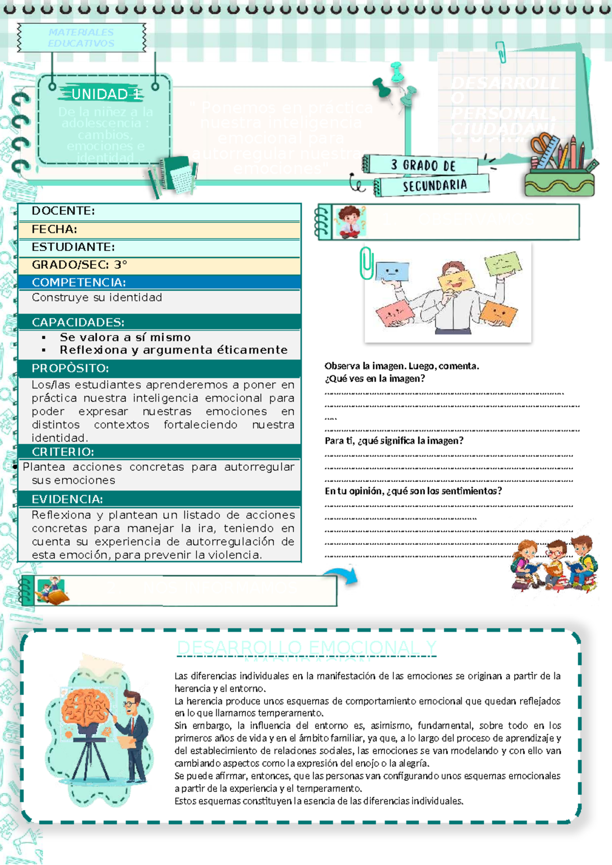 MATERIALES EDUCATIVOS SEM 2 UNI 1 - DPCC 2026: Emociones e Identidad ...