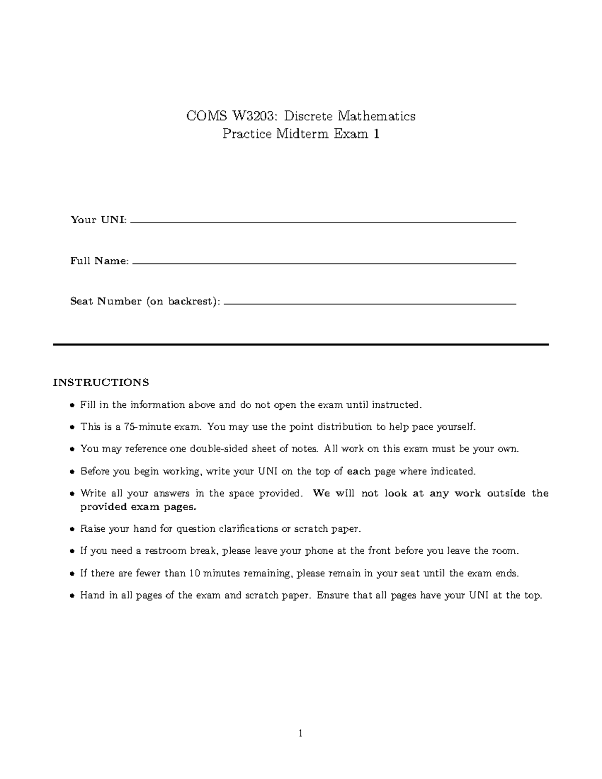 COMS W3203: Discrete Mathematics Practice Midterm Exam 1 - Studocu