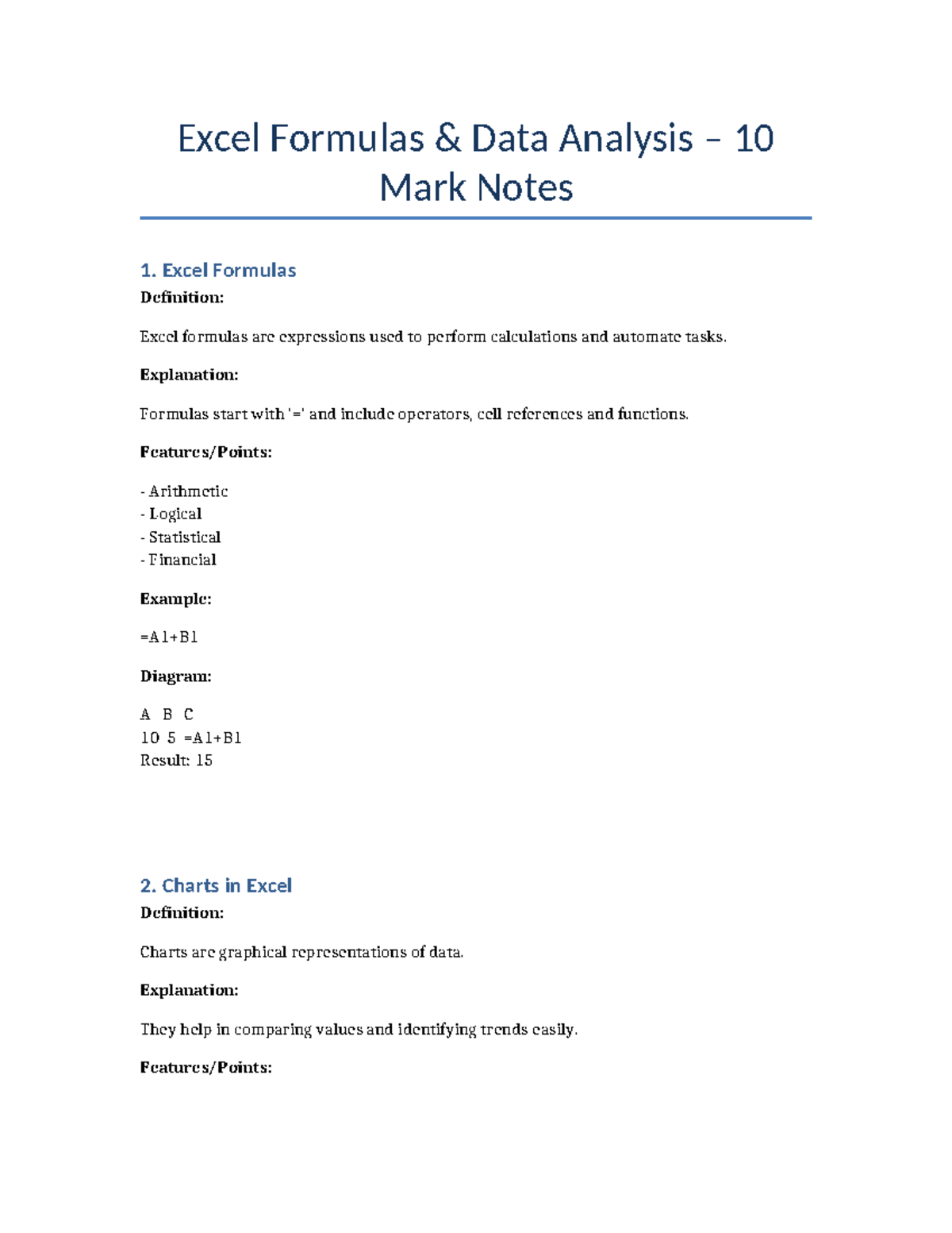 Excel Formulas & Data Analysis Notes - 10 Marks - Studocu