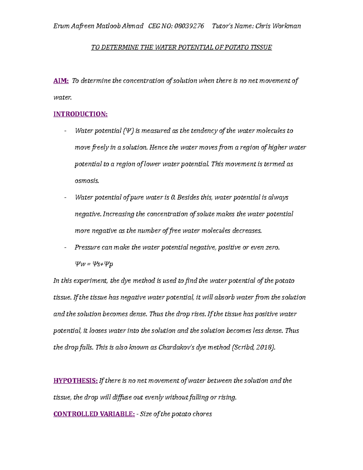 Determining Water Potential in Potato Tissue: Experiment CEG 08039276 ...