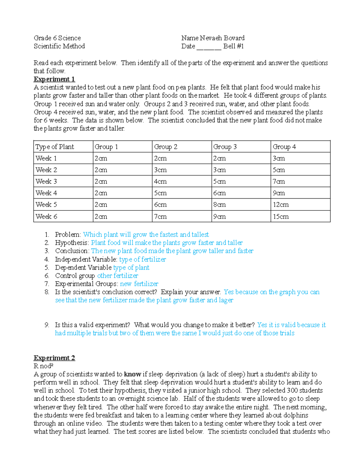 Agr. 6 Scientific Method Experiment Packet: Analyzing Plant Growth and ...