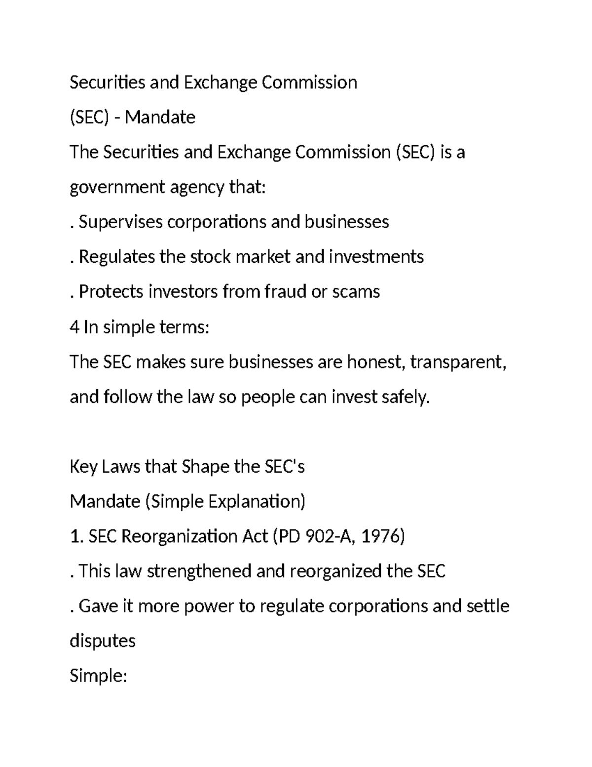 SEC Mandate Overview: Key Laws & Regulations (085330) - Studocu