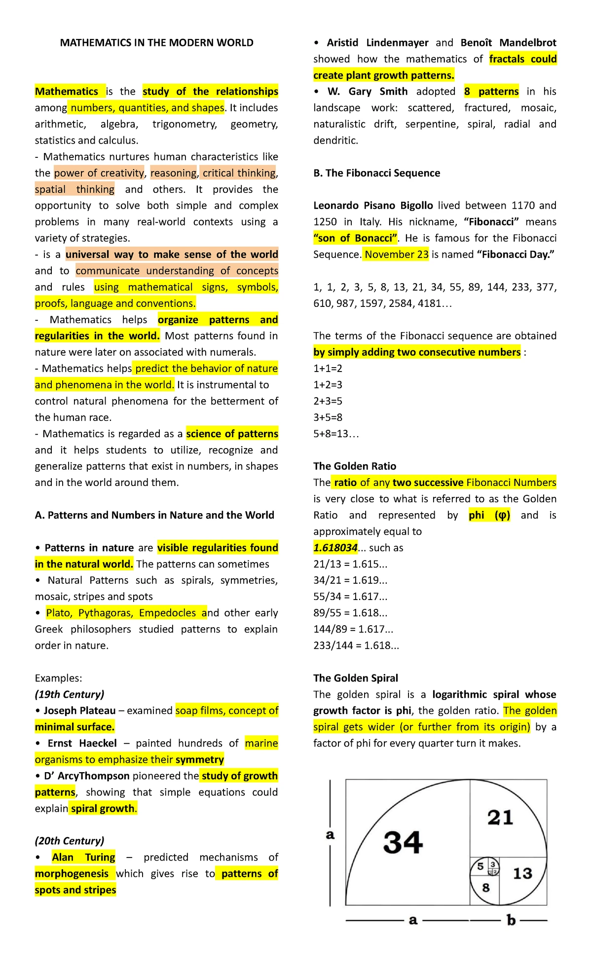 MMW 101: Fibonacci Sequence and Mathematical Language Review - Studocu