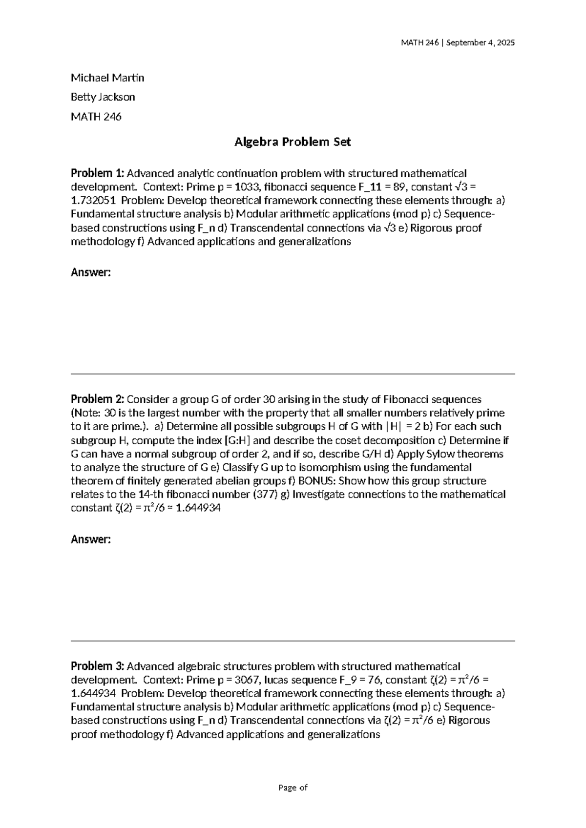 MATH 246 Fall 2025 Algebra Problem Set: Advanced Topics and Frameworks ...