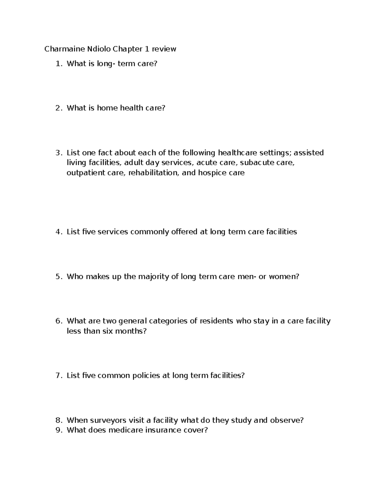 CNA 101: Chapter 1 Review on Long Term Care Concepts - Studocu