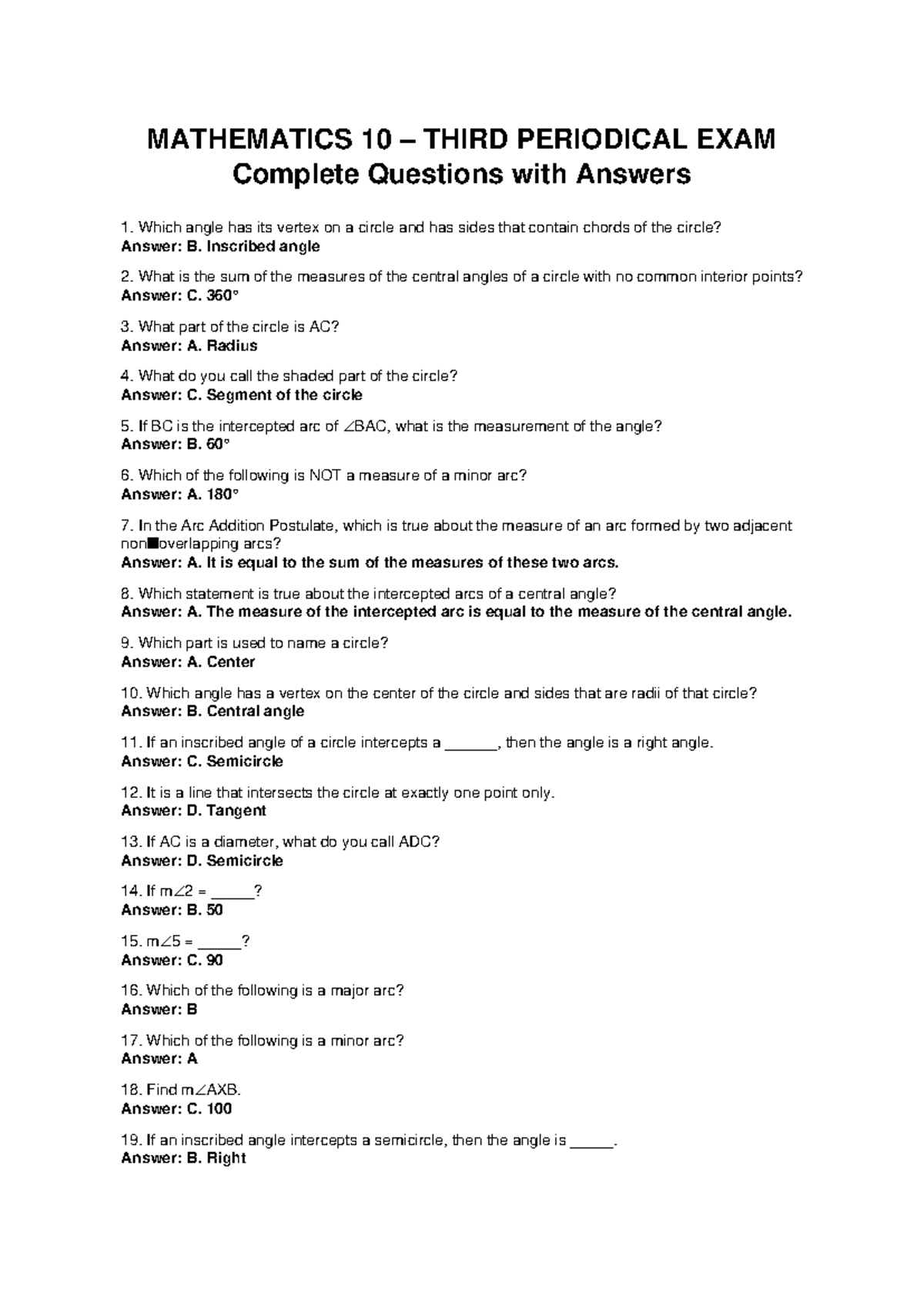 Math 10 3rd Periodical Exam: Complete Answers and Explanations - Studocu