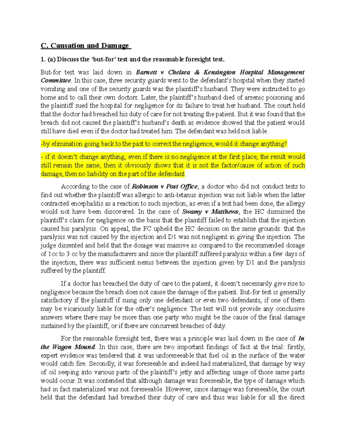 Tutorial - Causation and Damage - C. Causation and Damage (a) Discuss ...
