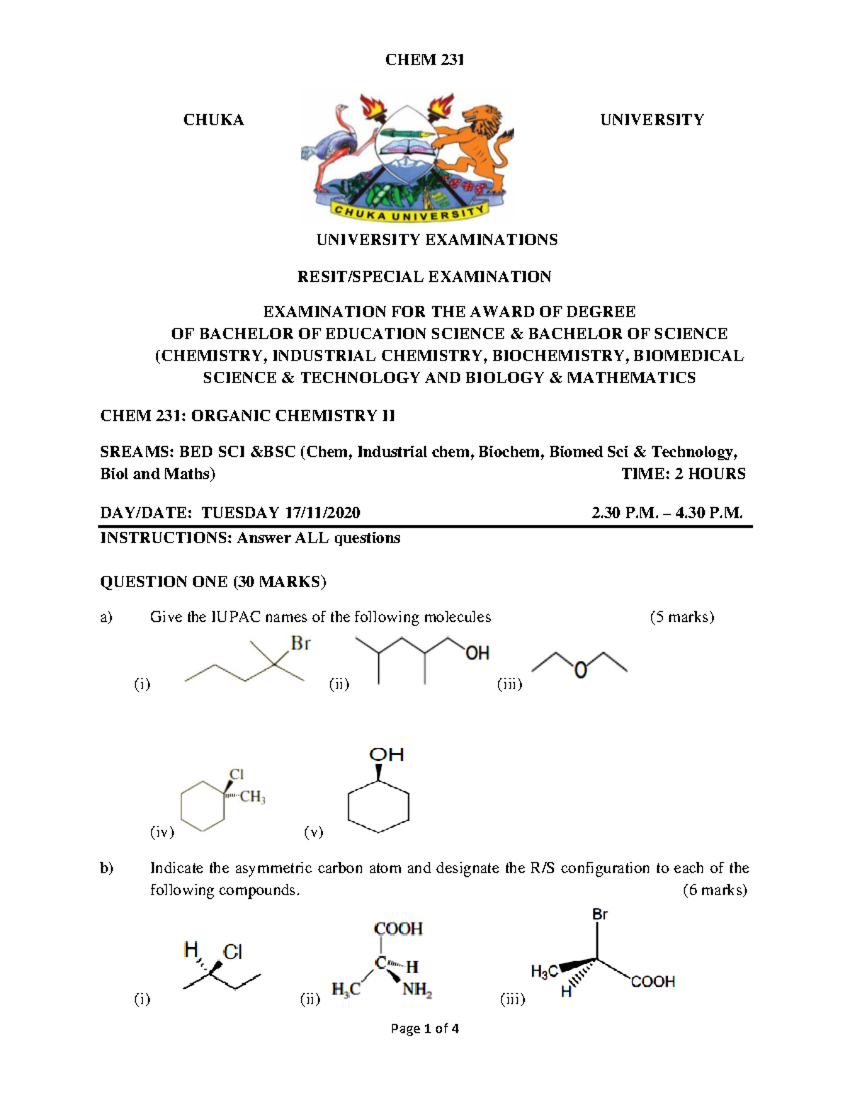 CHEM 231: Organic Chemistry II - University Exam Questions - Studocu