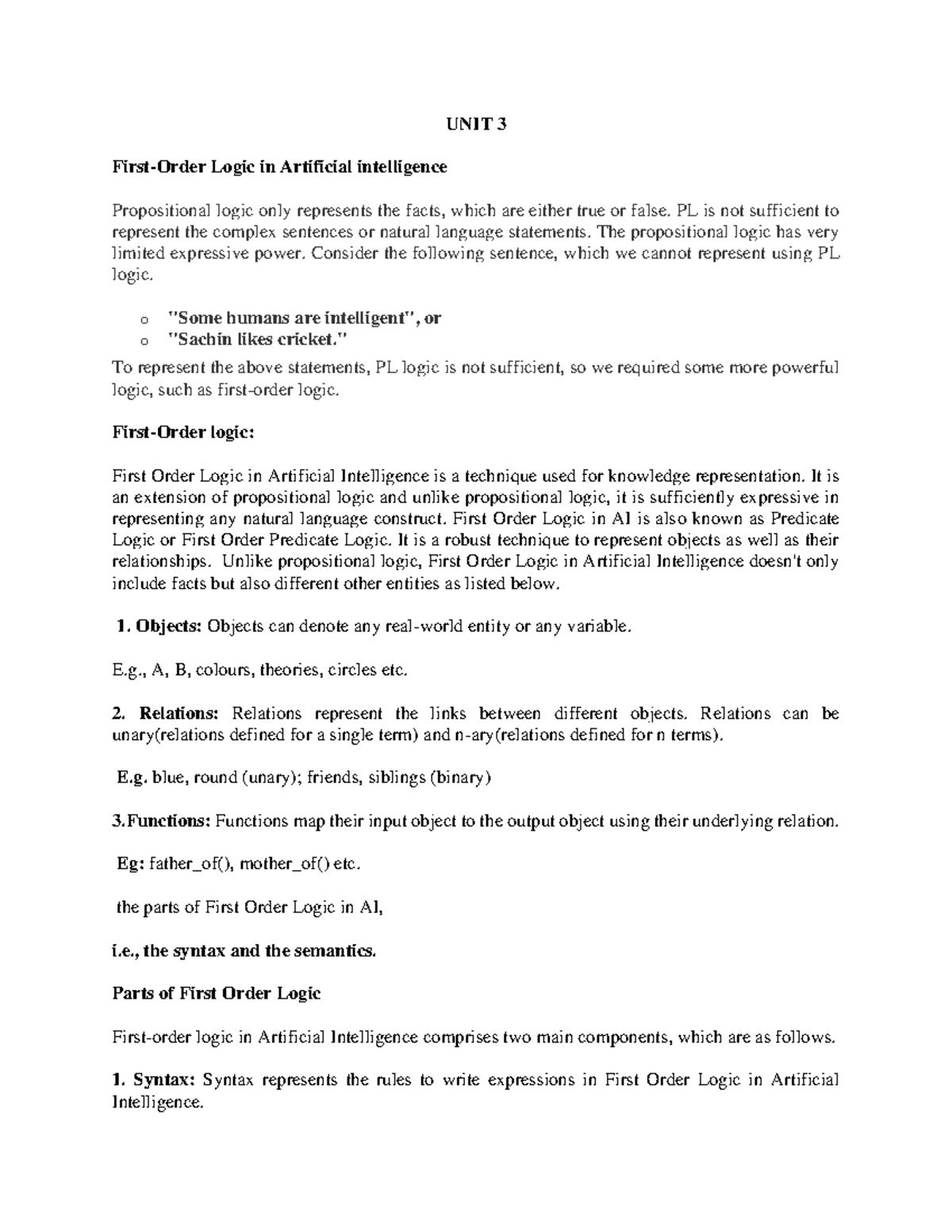 UNIT 3 AI Notes: Propositional and First Order Logic in AI - Studocu