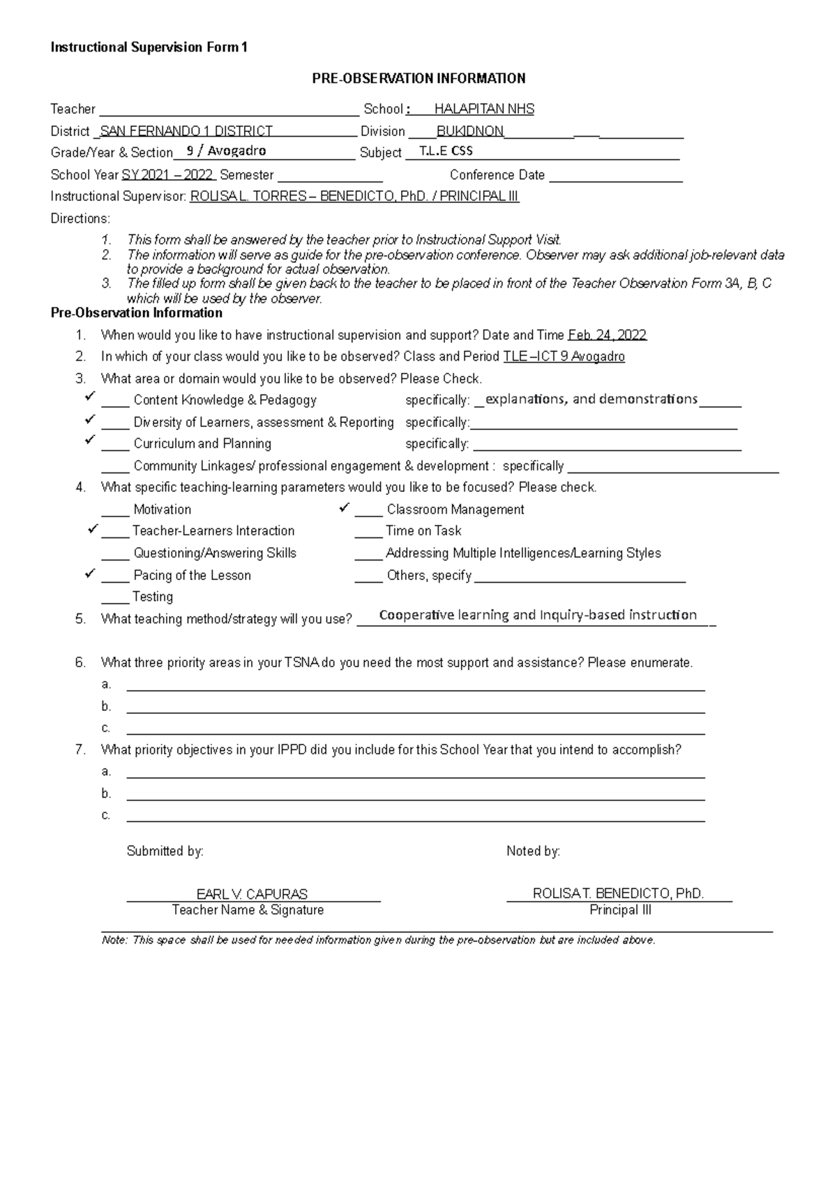 Instructional Supervision Form 1 HNHS Covid Time - SY 2021-2022 - Studocu