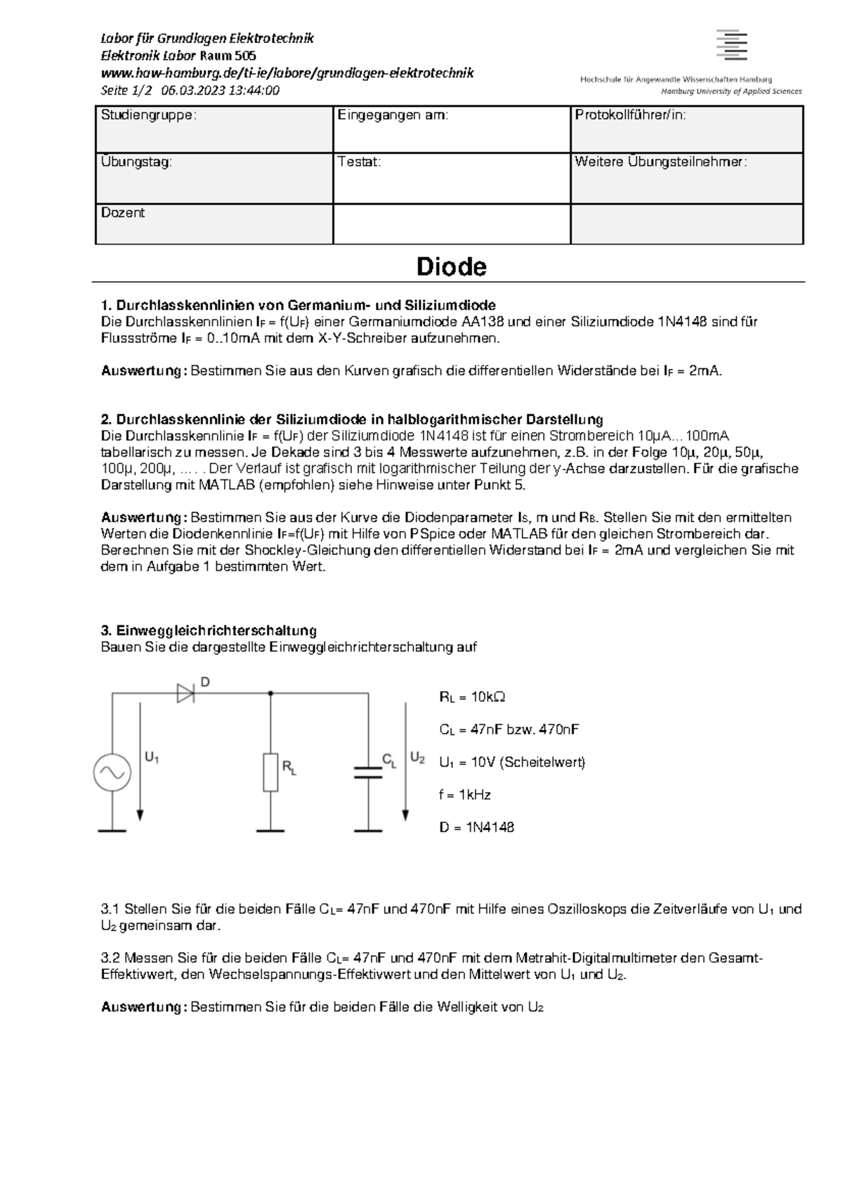 ELP1-2 Diode - Labor 1 - Labor für Grundlagen Elektrotechnik Elektronik ...