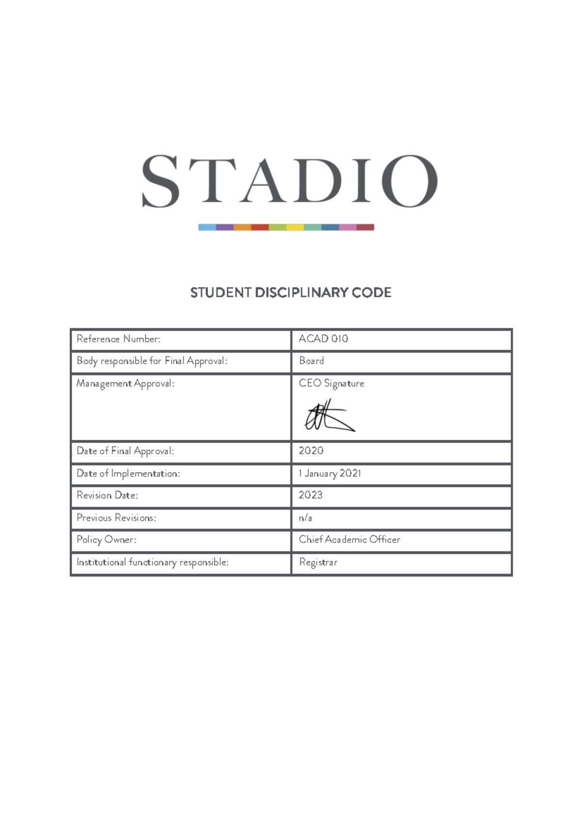 STADIO Student Disciplinary Code (ACAD 010) - Final Approval 2023 - Studocu