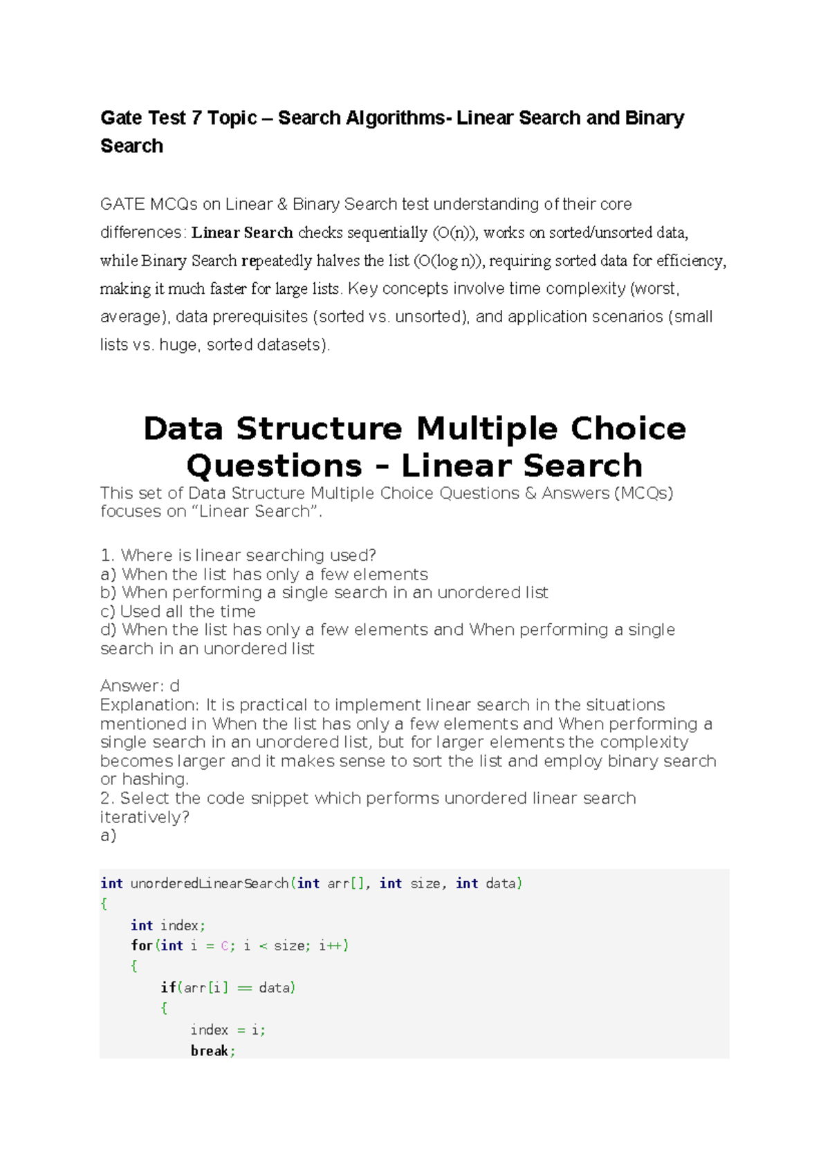 GATE Test 7: MCQs on Linear and Binary Search Techniques - Studocu