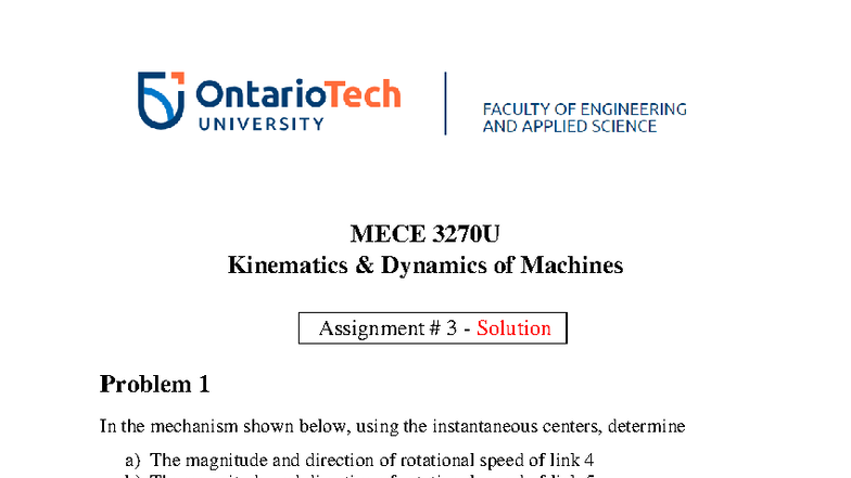 MECE 3270U Kinematics Dynamics of Machines Assignment 3 Solutions - Studocu