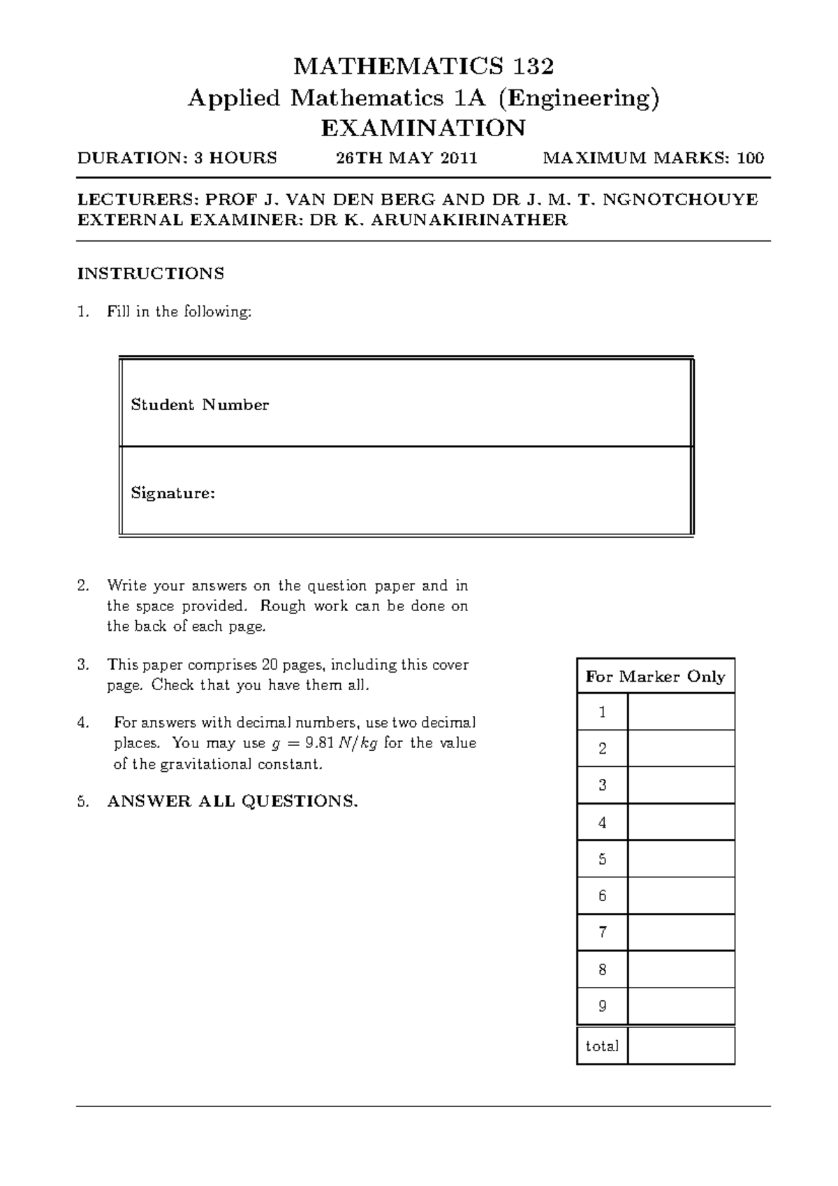 M132Exam Questions 2011 c - MATHEMATICS 132 Applied Mathematics 1A ...