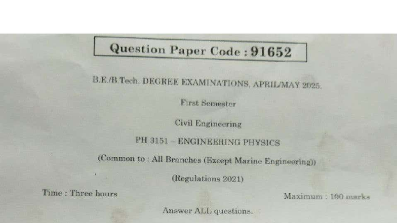PH 3151 Degree Exam Question Paper 2025 - Engineering Physics - Studocu