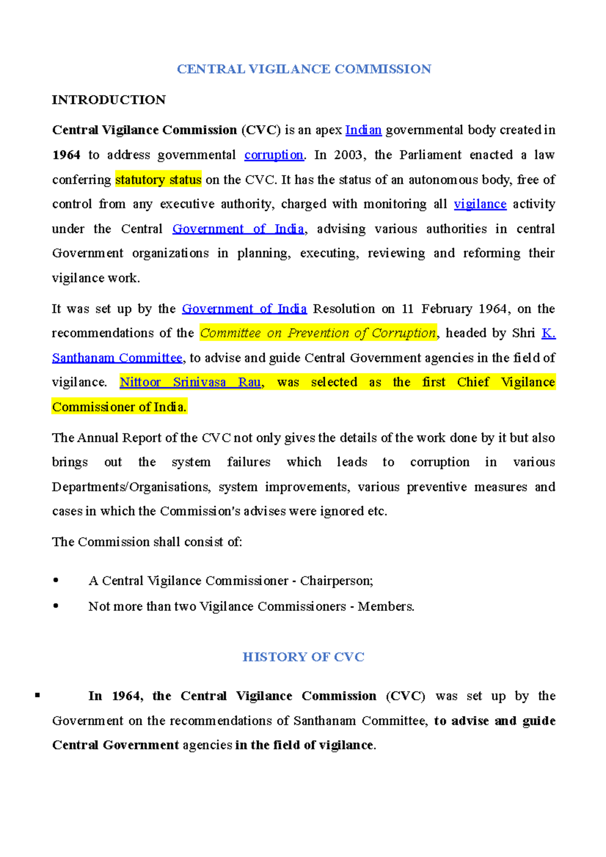 Central Vigilance Commission Overview CVC 179211 - Studocu