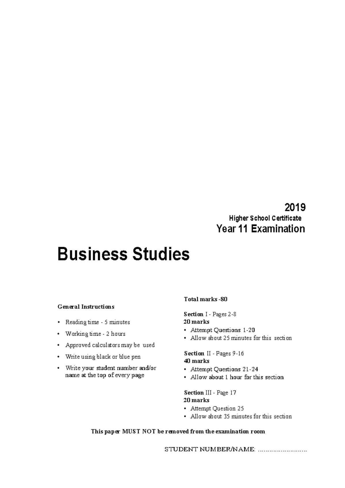 2019 HSC Year 11 Business Studies Exam Instructions & Questions - Studocu