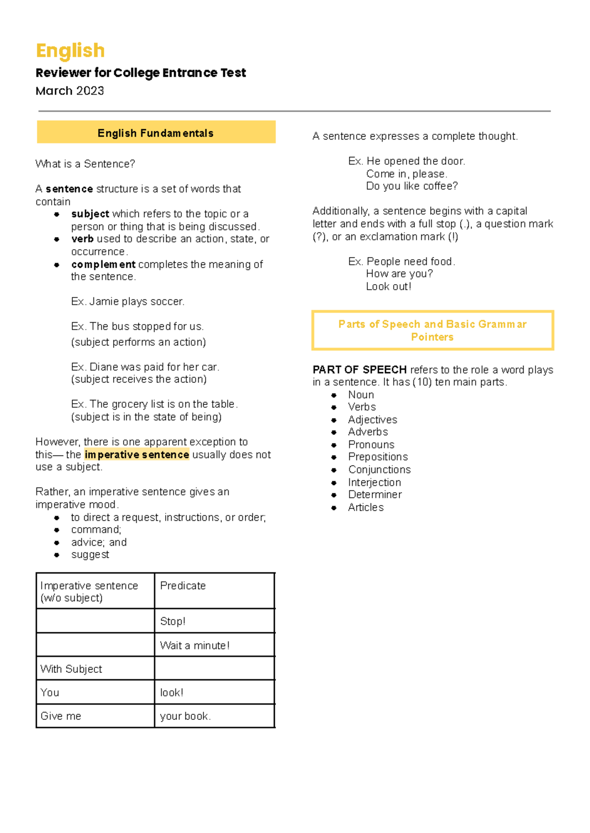 Basic English Notes for College Entrance Test (March 2023) - Studocu