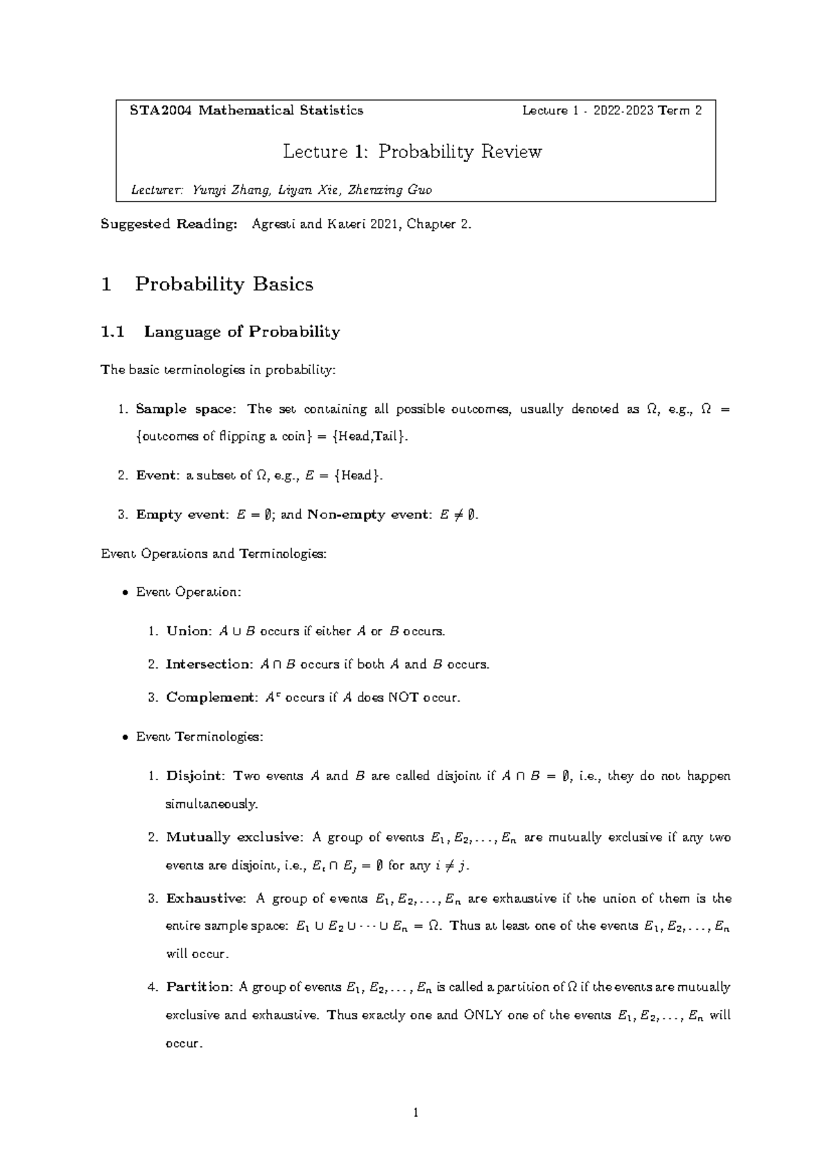 STA2004 Lecture 1 - Probability Basics Overview and Key Concepts - Studocu