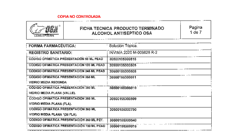 Ficha Técnica Alcohol Antiséptico OSA - Presentación 700 ML - Studocu