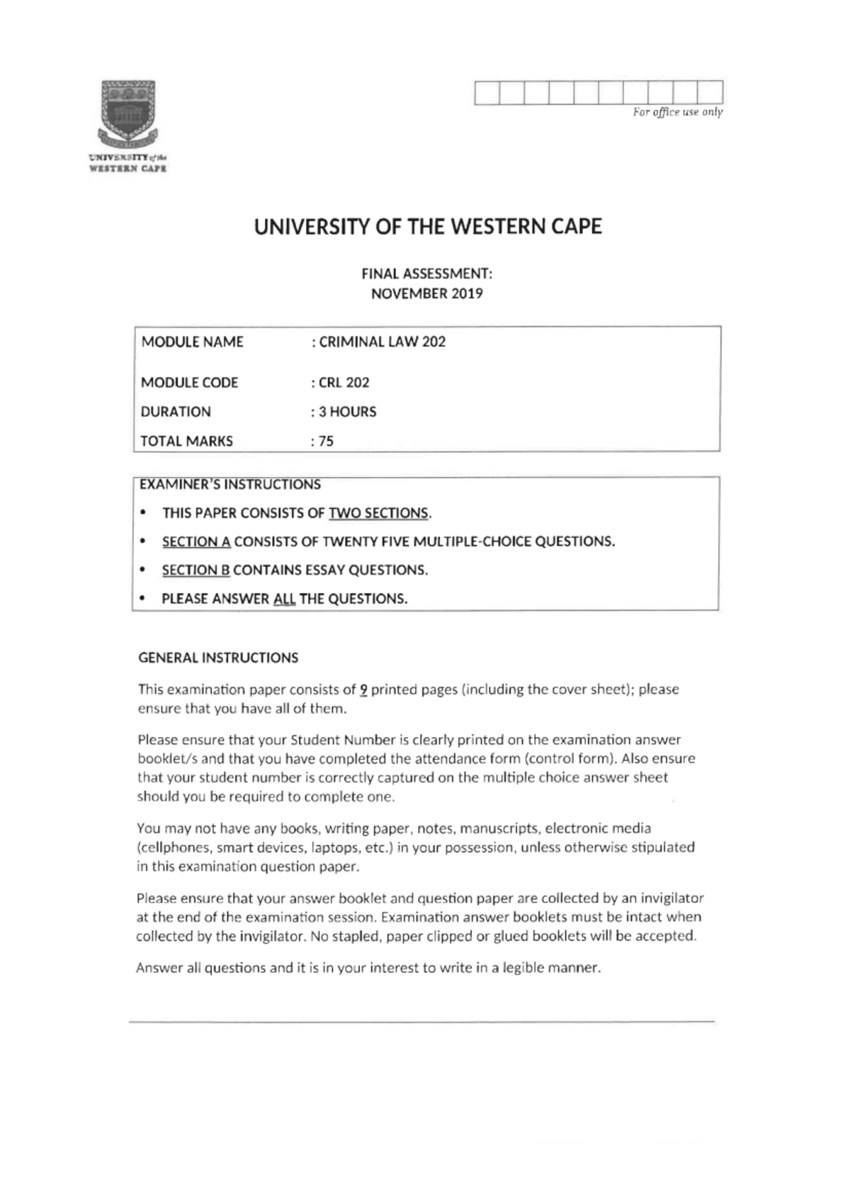 CRL 202 Final Assessment: Criminal Law Exam November 2019 - Studocu