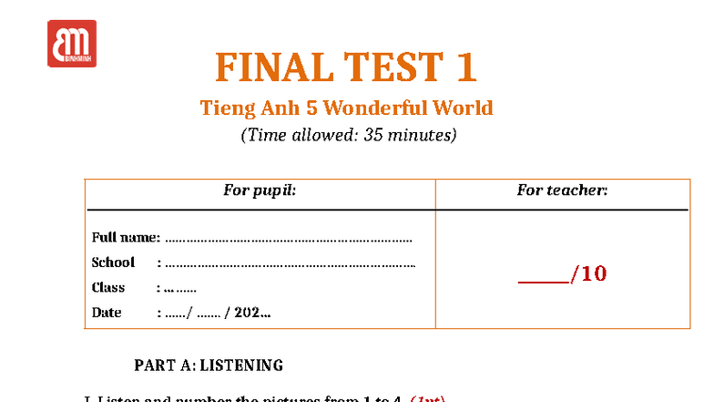 TA 5 - WW - Final Test 1 - Listening & Reading (Easy) - Studocu