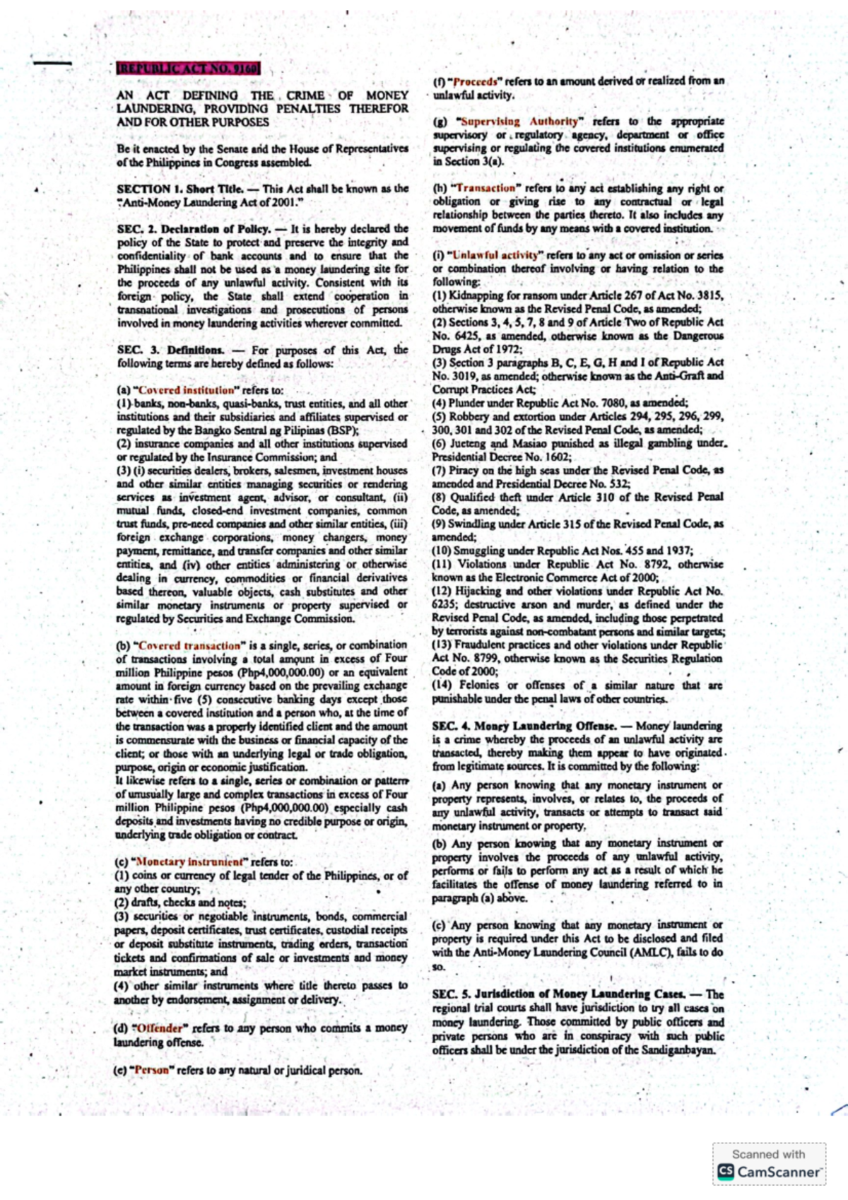 RA 91601 Money Laundering - REPUBLICACT NO. 9160 (f) refers to an ...