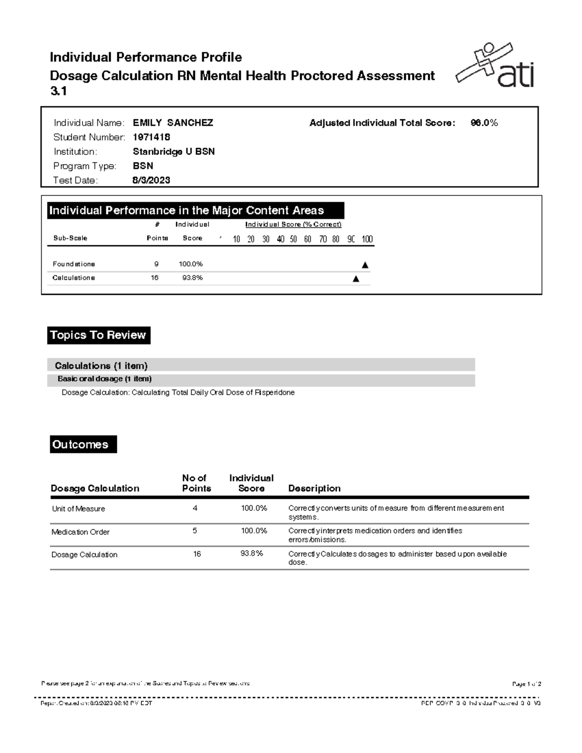 Dosage Calculation RN Mental Health Proctored Assessment - Score Report - Studocu
