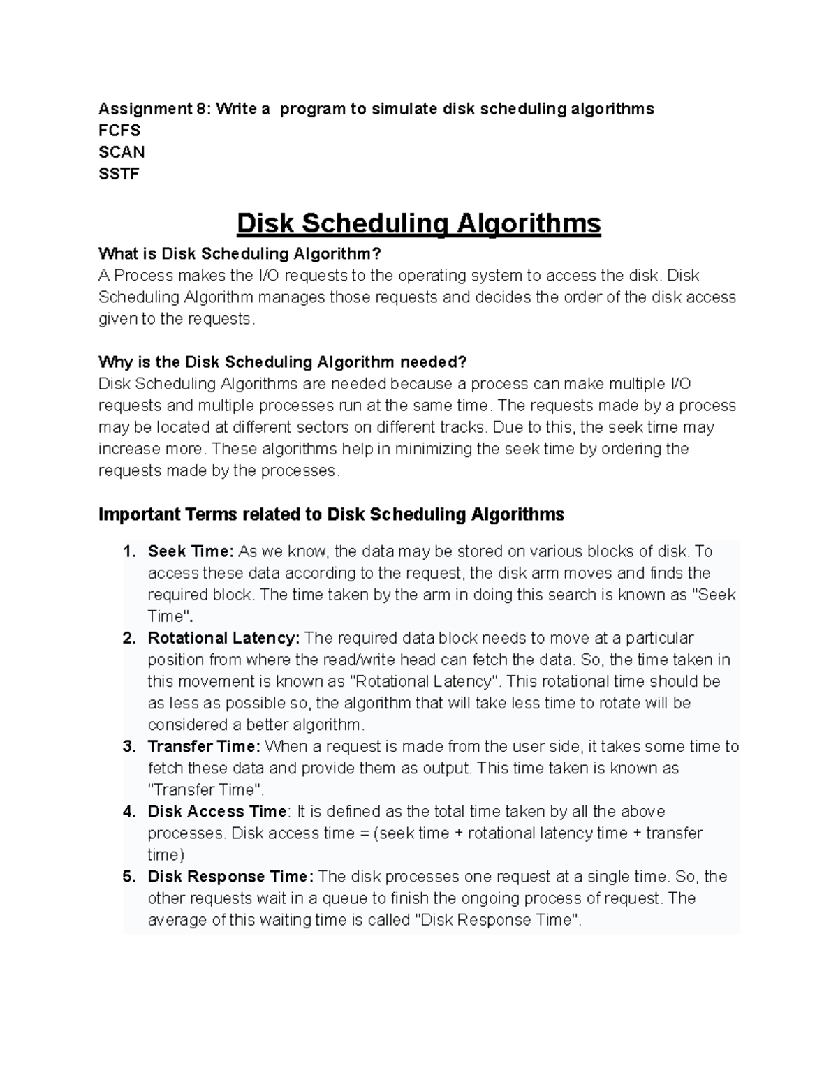Disk Scheduling Algorithms: FCFS, SCAN, SSTF - Assignment 8 - Studocu