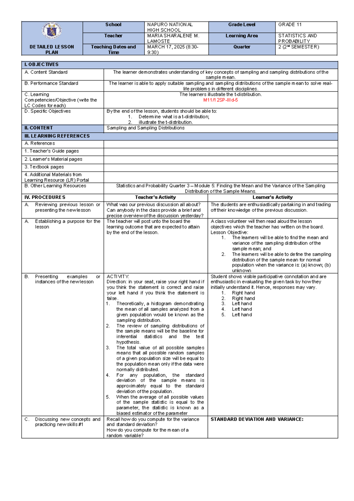 DLP-W2: Detailed Lesson Plan on Statistics & Probability for Grade 11 ...