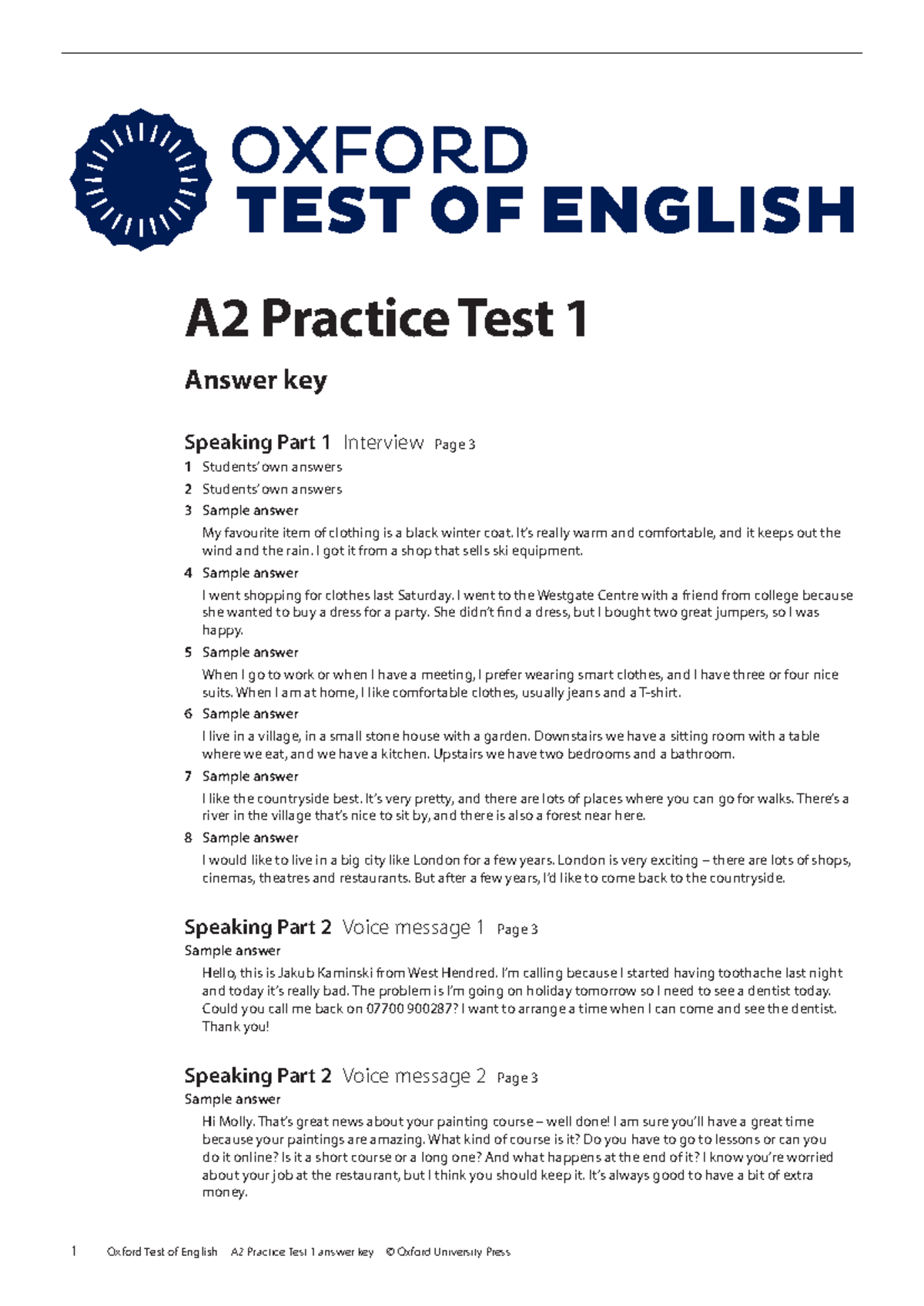 A2 Practice Test 1 Answer Key - Speaking and Listening Parts - Studocu