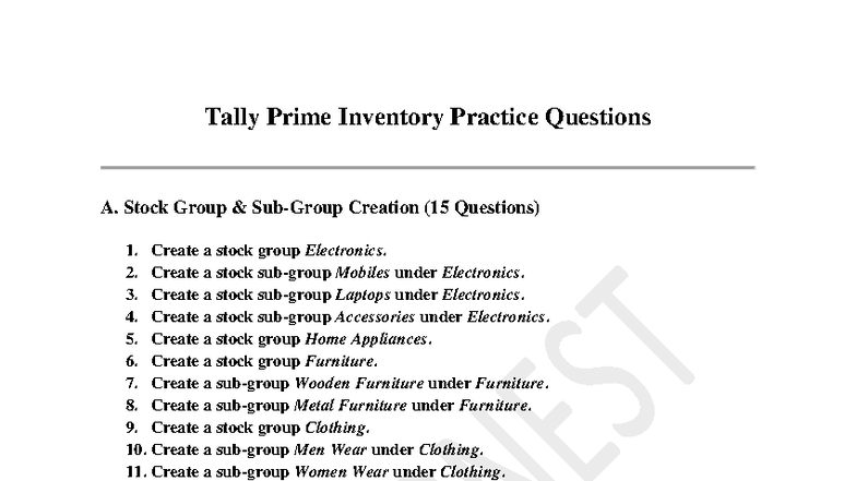Tally Prime Inventory Practice Qs: Stock & Godown Creation - Studocu