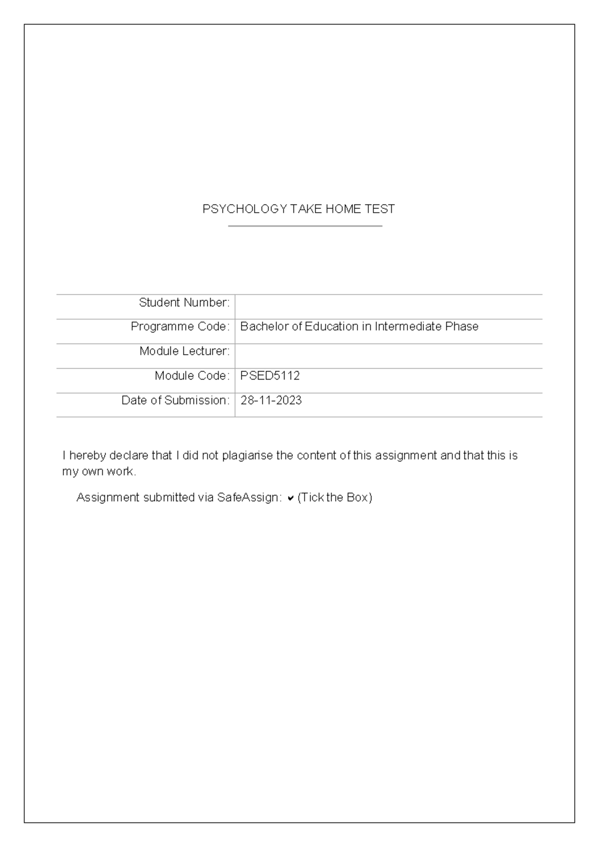 PSED5112 Psychology Take Home Exam: Nurturing Self & Resilience - Studocu
