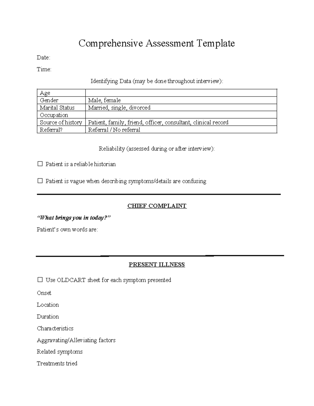 Comprehensive Assessment Template for Clinical Practice - Studocu