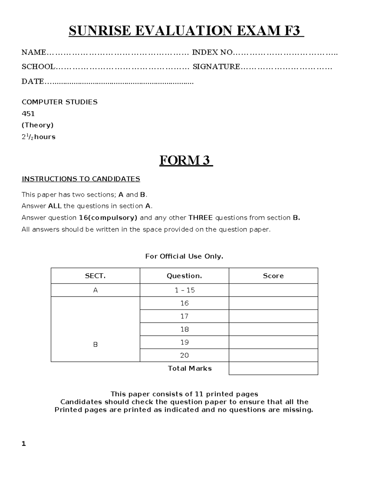 451 F3 Computer Studies Evaluation Exam - Theory Questions - Studocu