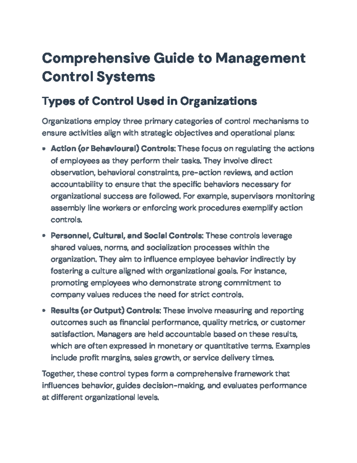 Comprehensive Overview of Management Control Systems for 791df4e2 - Studocu