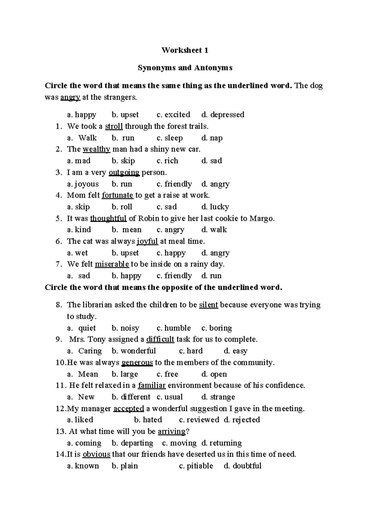 Worksheet 1: Synonyms and Antonyms Practice - Studocu