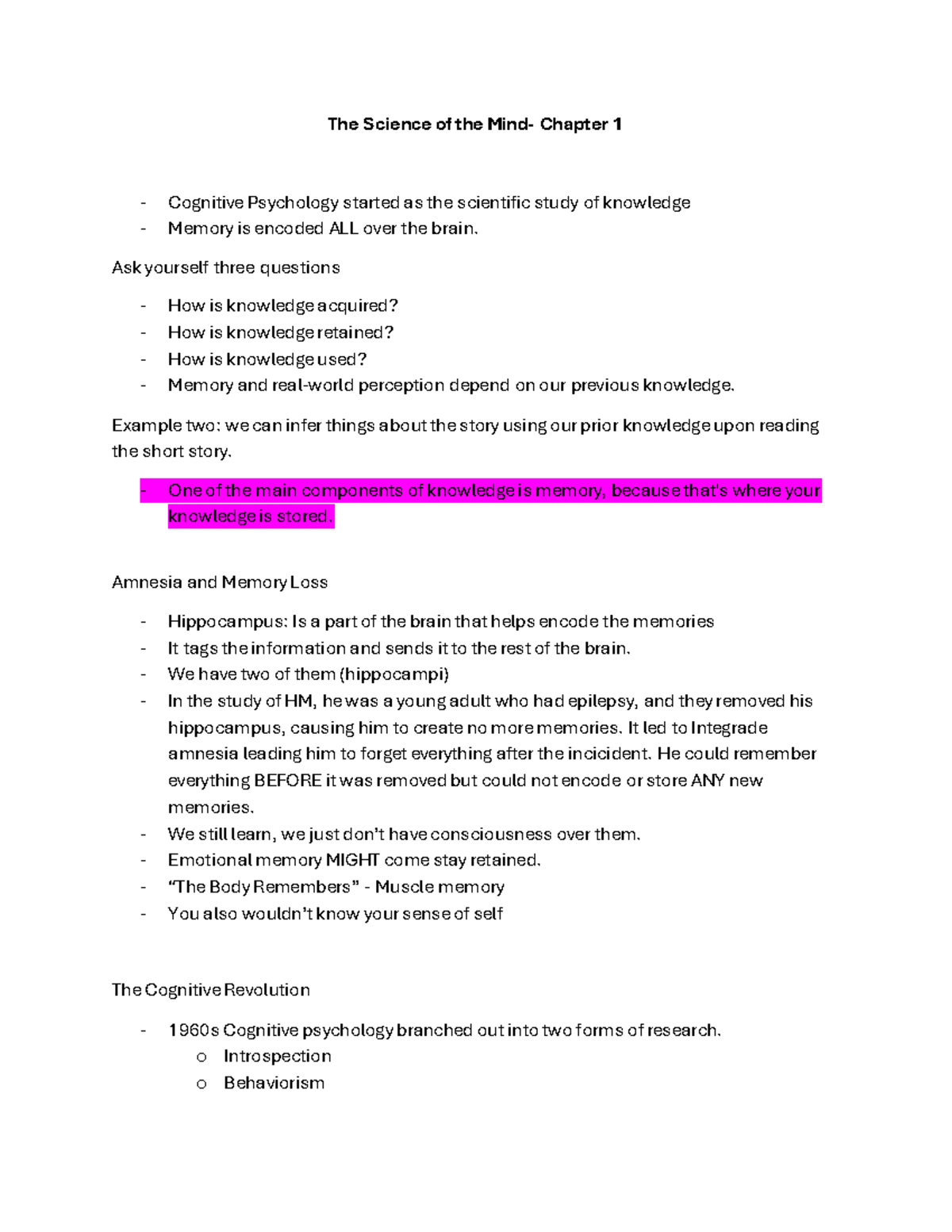Psyc 3334 notes - The Science of the Mind- Chapter 1 Cognitive ...