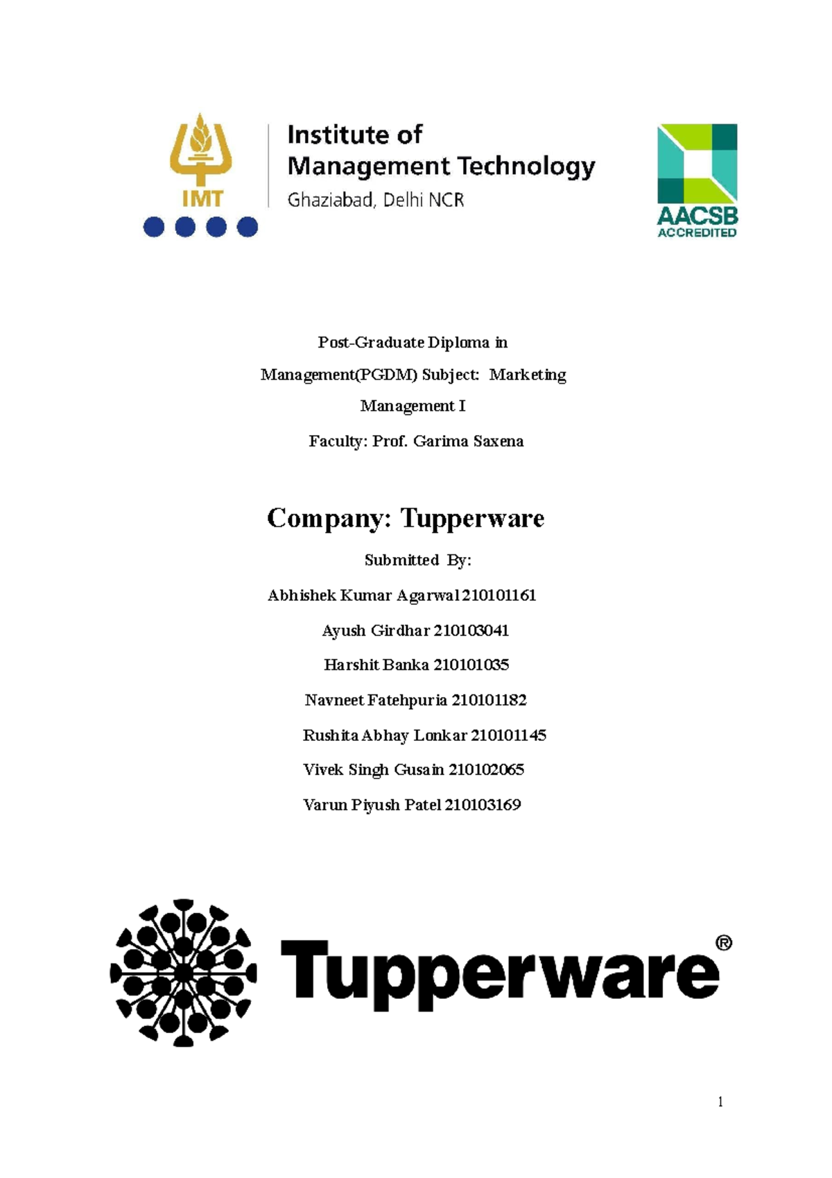 Project Report: Marketing Strategies for Tupperware (PGDM) by Group 2 ...