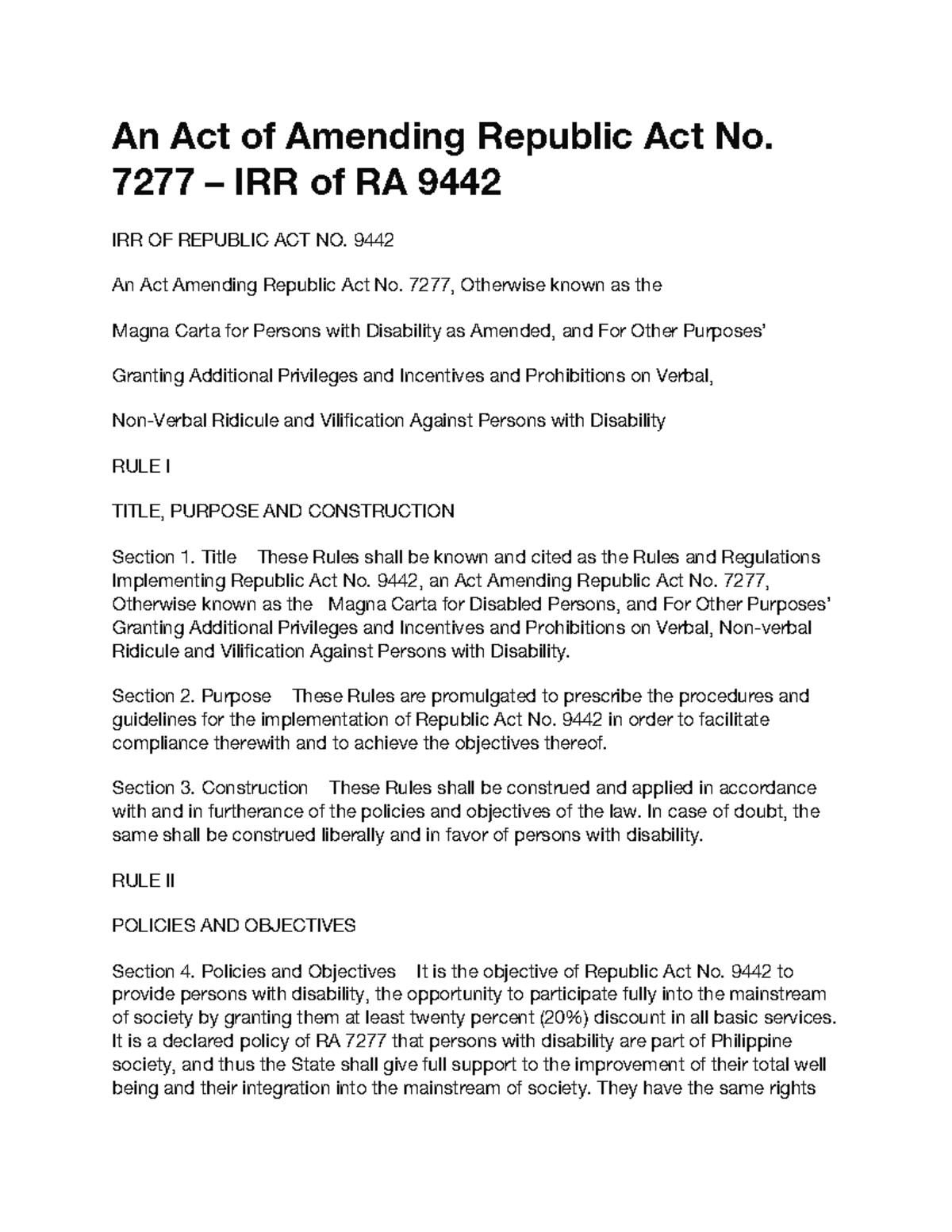 SNED 1 - Rules and Regs for Amending RA No. 9442: PWD Rights - Studocu