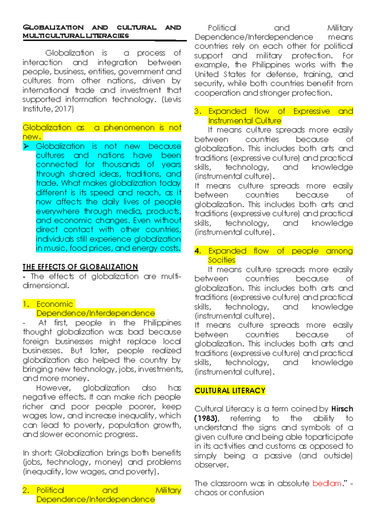 EDUC-10: Globalization and Cultural Multicultural Literacies Notes ...
